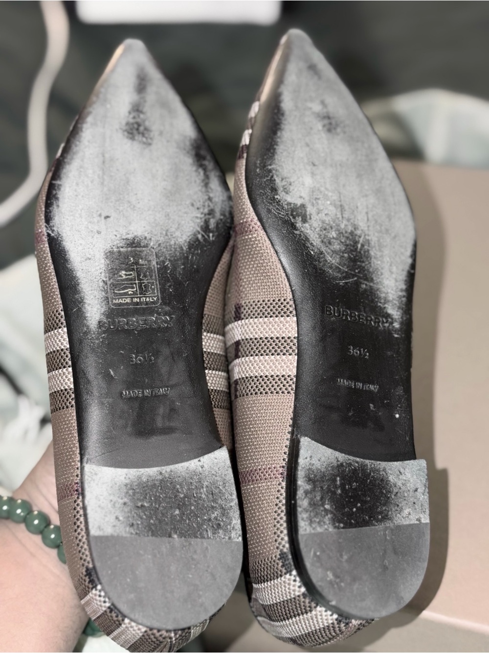 Burberry Plaid Pointed-Toe Flats in Taupe, Black and White - Picture 6 of 8